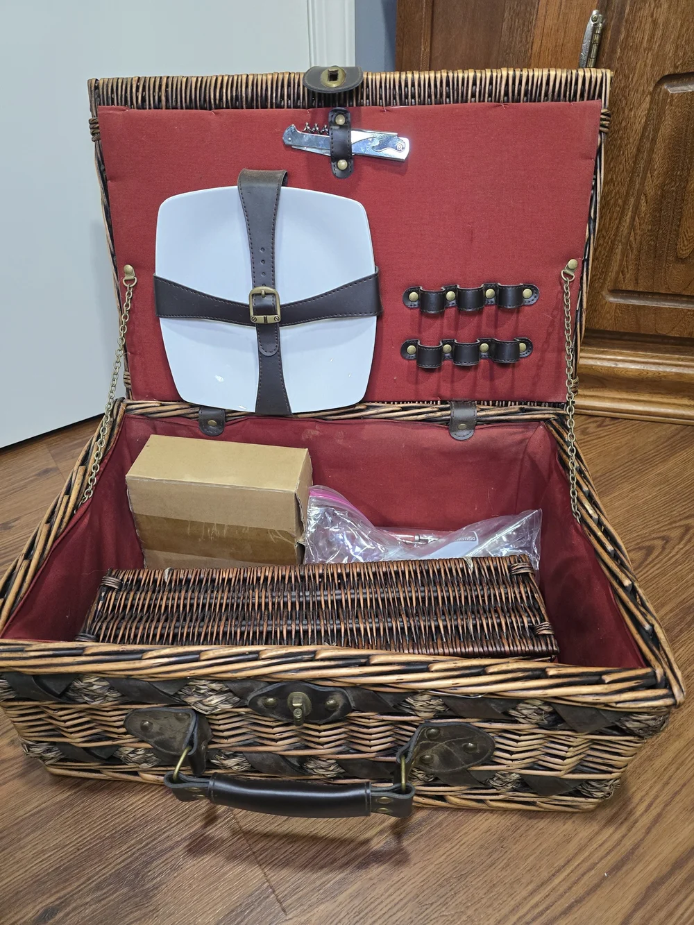 Woven Rattan Picnic Basket with Leather Handle - Brown